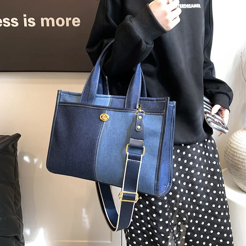 2024 New Fashionable Contrast Color Crossbody Tote Bag Spliced Denim Handbag Women\'s One Shoulder Commuter Casual Crossbody Bag