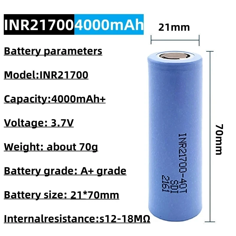 21700 Rechargeable Li-ion Battery (Model 21700-40T): 4000mAh Large Capacity, 3.7V Voltage, 30A High Discharge