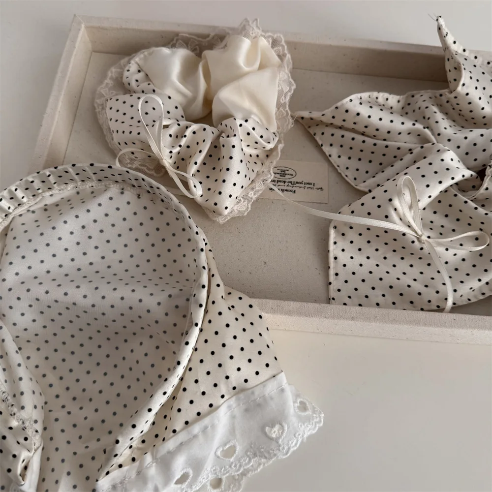 Cream Sweet Polka Dot Lace Scarf Scrunchies Forest Gentle Hair Ties French Ruffled Vintage Style Ponytail Holder