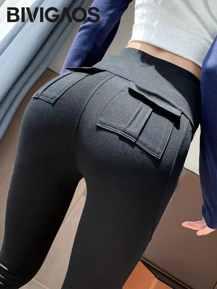 BIVIGAOS 2025 Spring Summer New Pocket Sharkskin Cargo Leggings Women High Waist Tight-Fit Elastic Sexy Fitness Sport Leggings