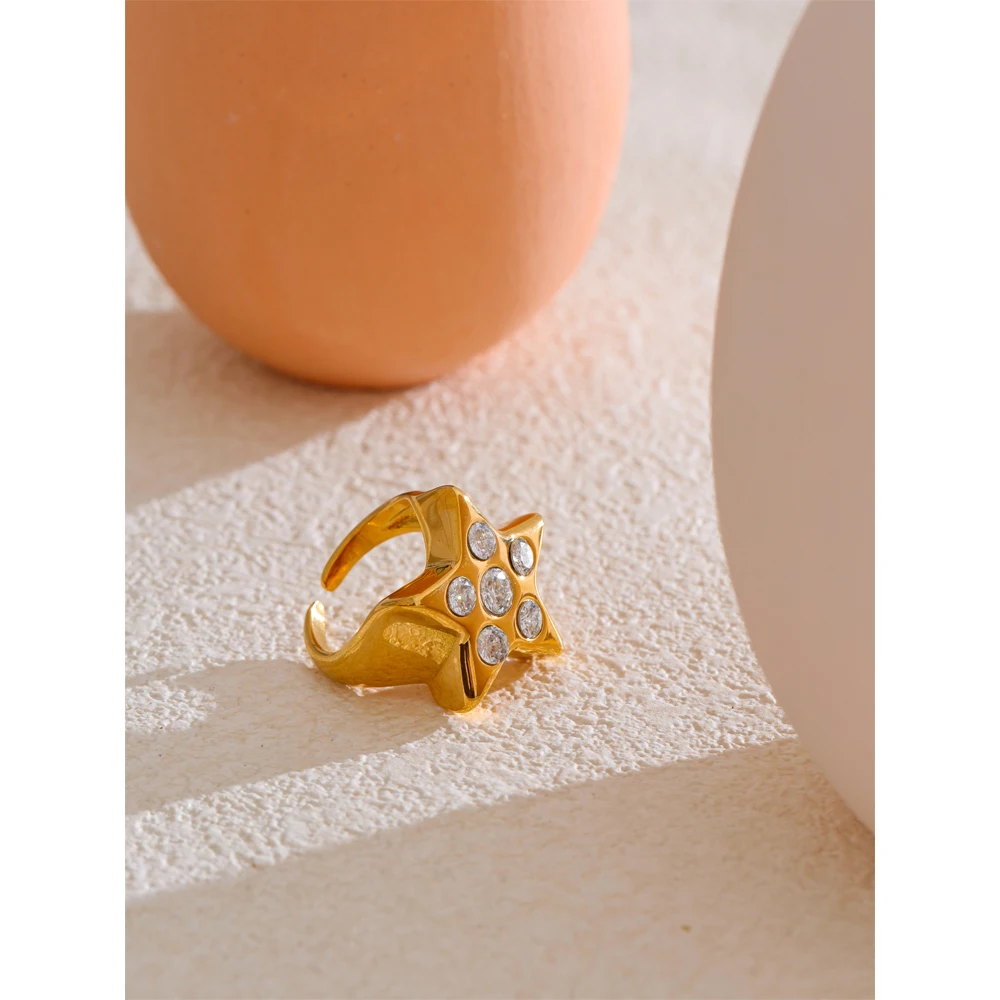 Yhpup Thicker Metal Pentagram Star Cubic Zirconia Ring 18K Gold Color Plated Fashion Statement Jewelry