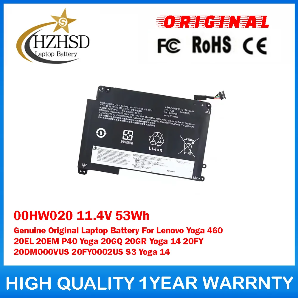 

00HW020 11.4V 53Wh Genuine Original Laptop Battery For Lenovo Yoga 460 20EL 20EM P40 Yoga 20GQ 20GR Yoga 14 20FY 20DM000VUS