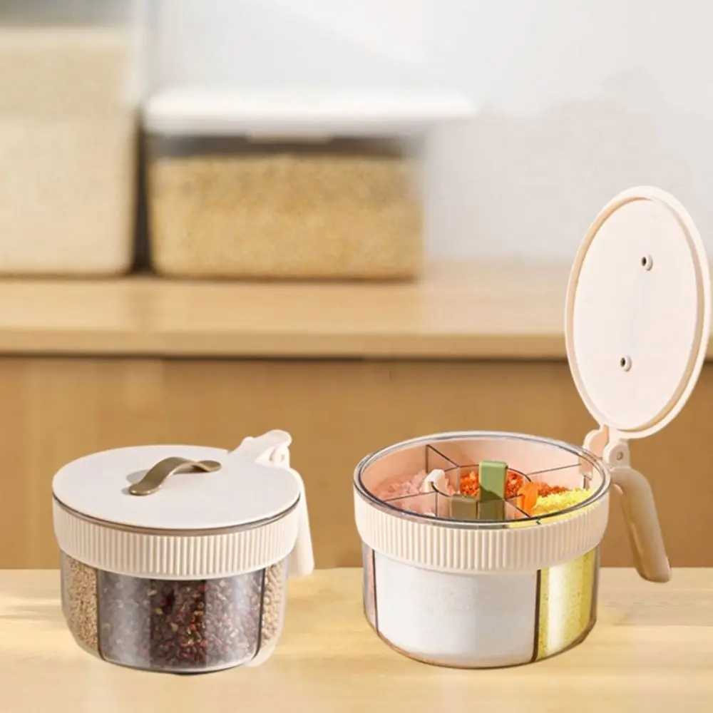 

Convenient Sealed 4 Grids Seasoning Box Moisture-proof Dustproof Spice Container with Spoons Plastic Condiment Pot Kitchen