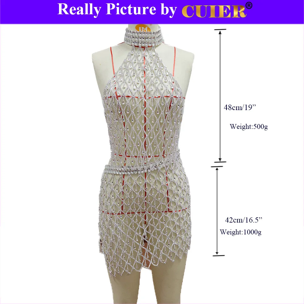 CUIER Amazing Full Rhinestones Tops Bottoms Dresses for Women Sexy Body Jewelry Backless Dress for Nightclub