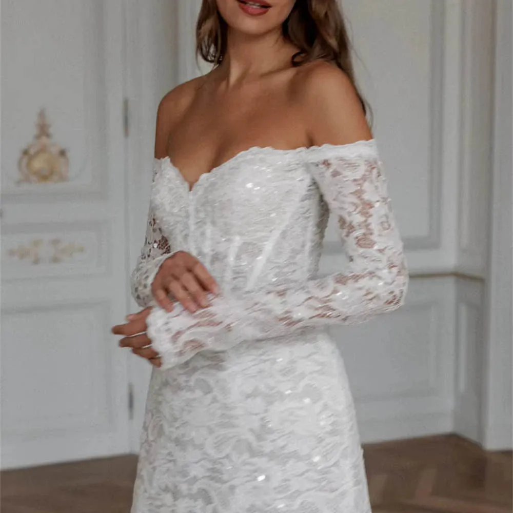 تخصيص قبالة الكتف فستان الزفاف القصير بريق الدانتيل طويلة الأكمام فستان الزفاف البسيطة رائع استقبال ارتداء ثوب الزفاف