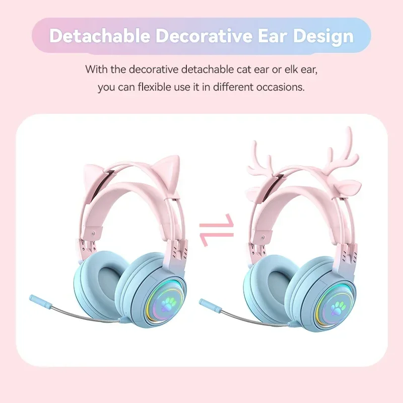 Cute Antlers/Cat Ear Wireless Bluetooth Headphone Gamer Earphone Gaming Headset With RGB Light For Child Kid Cute Girl Gifts