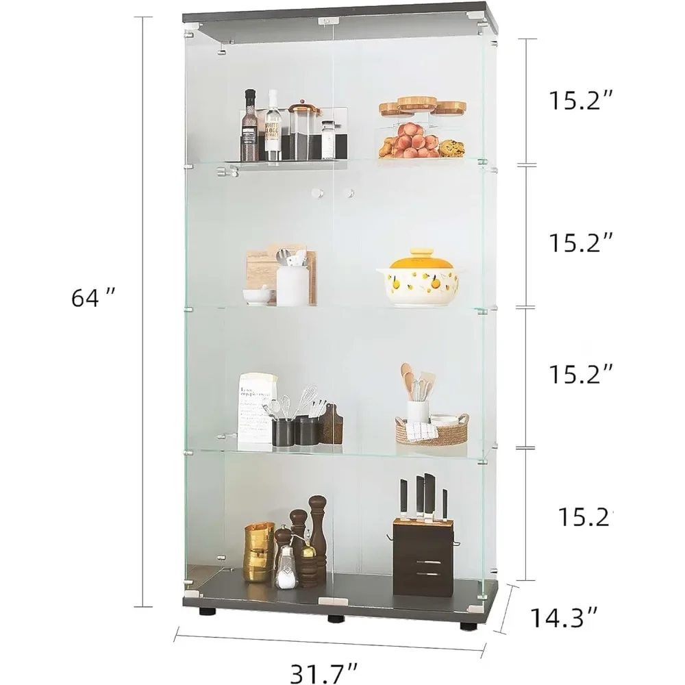 Glass Display Cabinet 4-Shelf with Double Door, Curio Display Cabinet with 5mm Tempered Glass, 64 x 31.7 x 14.3 in, Black