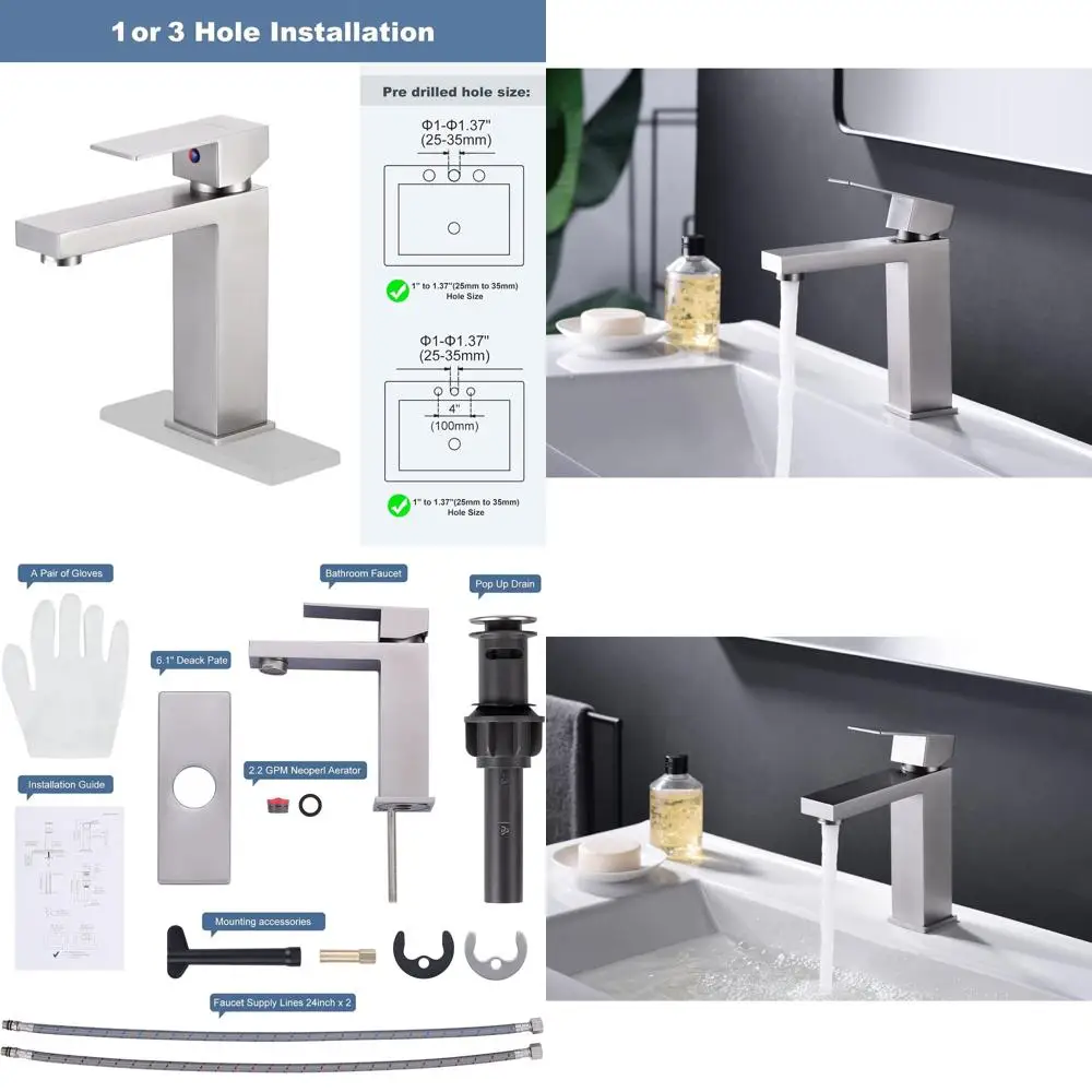 

Modern Single Hole Brushed Nickel Bathroom Sink Faucet with cUPC Lines and Pop-Up Drain