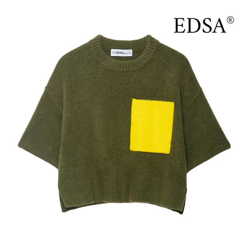

EDSA Women Knitted Cropped Sweater Short Sleeves Combined Patch Pocket Side Vents Spring Summer Pullovers