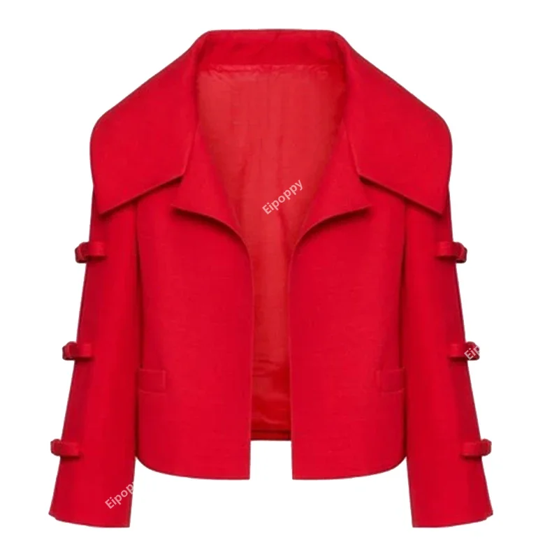 

2024 New Red Short Cardigan Bow Jacket Coat 2024 Spring New Designer Hollow Bow Split Three Quarter Sleeve Short Cardigan Jacket