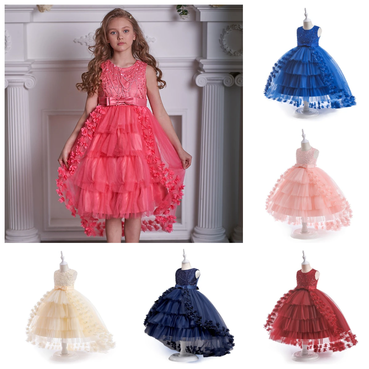 Girls Coral Pink Sleeveless Formal Gown Beaded Embroidery Tulle Kids Wedding Flower Girl Birthday Banquet Stage Dress ASQ03