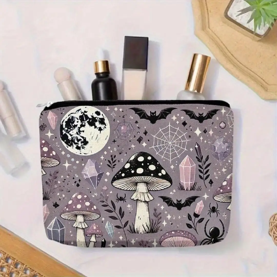 A Mystery mushroom and bat patterned makeup bag - cute multifunctional zipper pouch for women, jewelry storage bag view 5