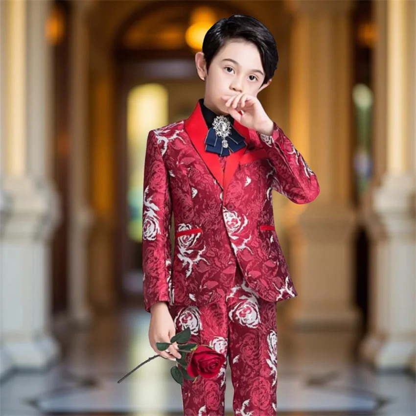 

Floral Boy Suit for Wedding Party Royal Blue Child Tuxedo 3 Pieces Banquet Flower Kids Set Blazer Vest Pants 3-16 Years Old