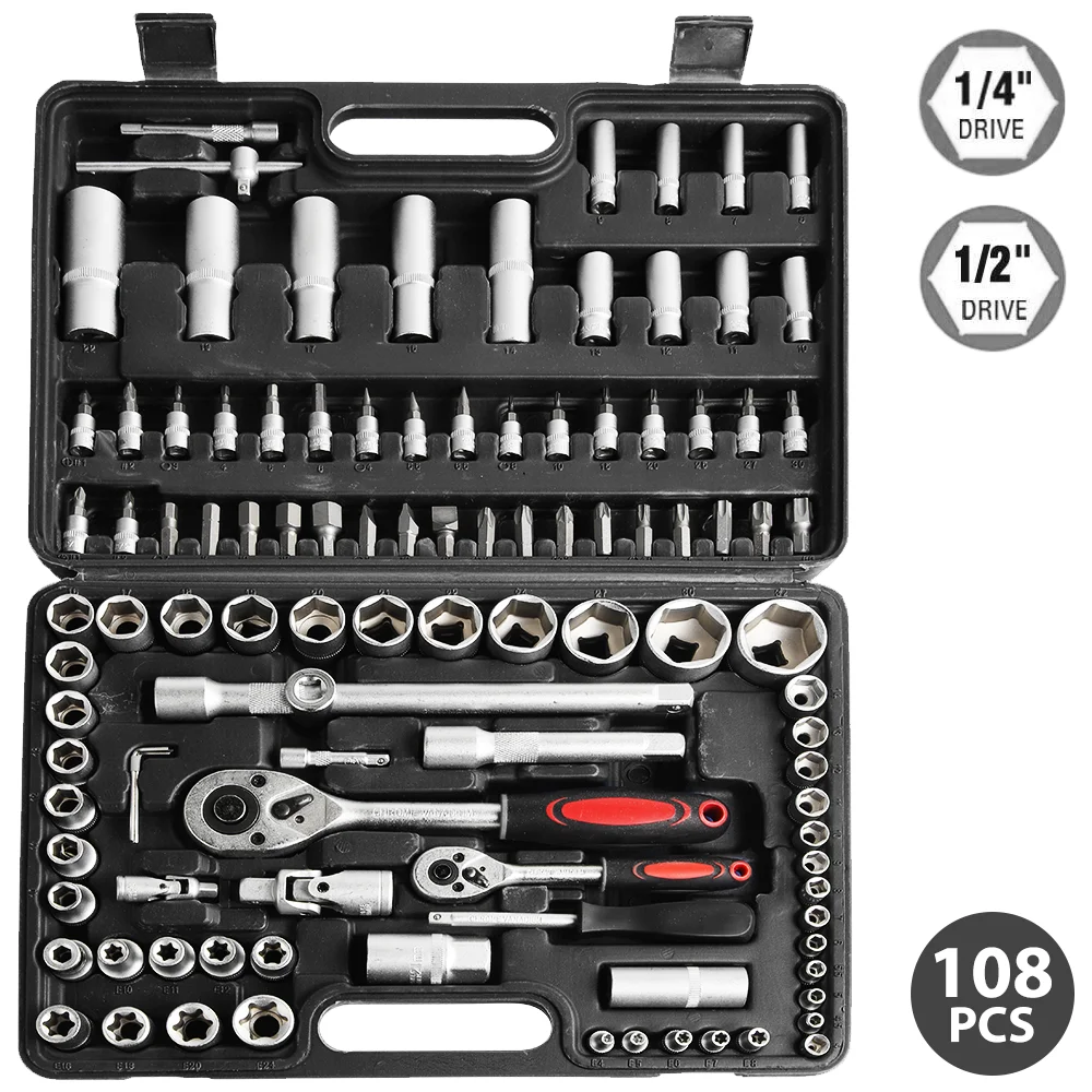 Juego de llaves de tubo de trinquete, juegos de herramientas de reparación de automóviles, Kit combinado de llave dinamométrica de trinquete, puntas de destornillador, herramienta de mano, 108 Uds.