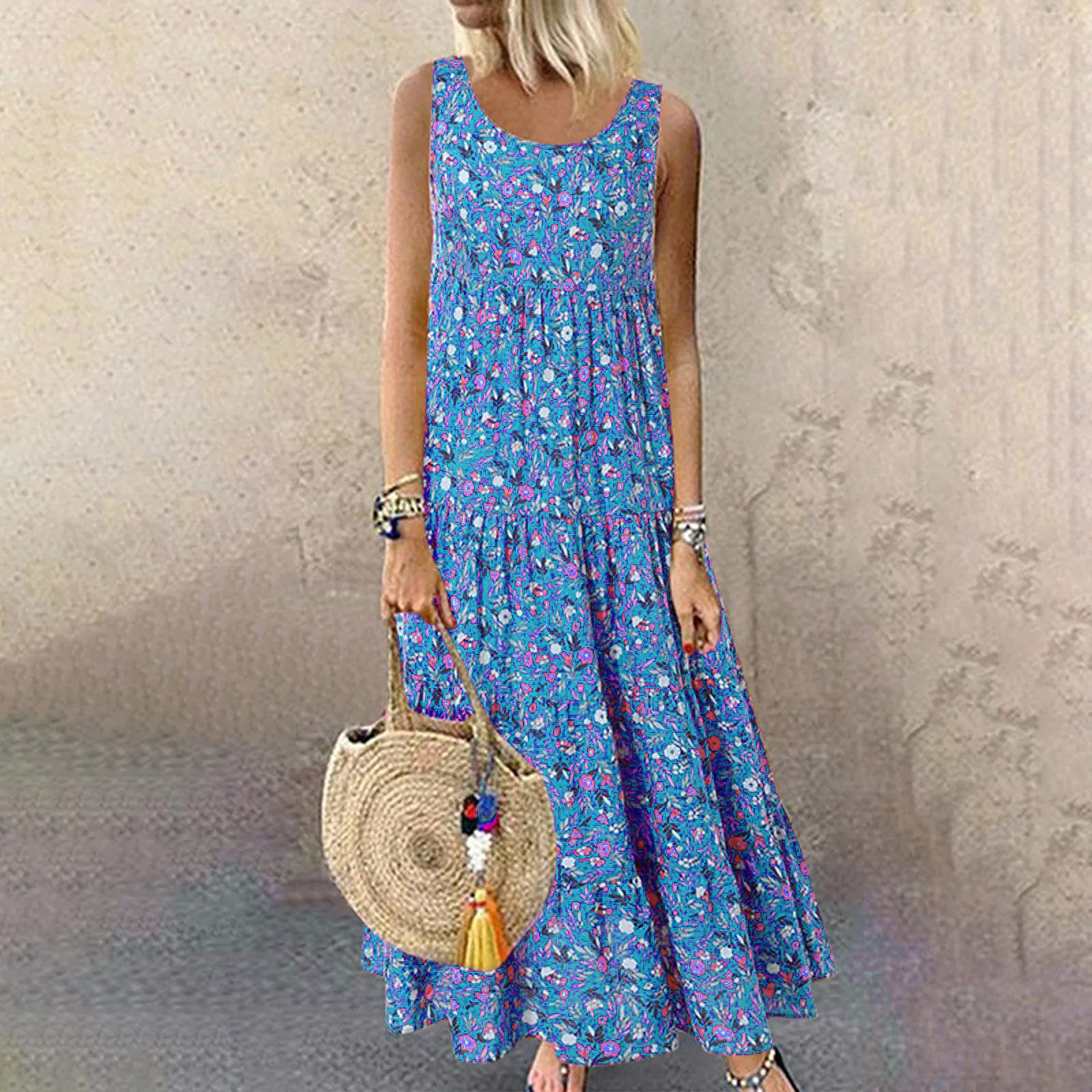 Women Floral Print Bohemian Casual Dress 2024 New Summer Sleeveless O-Neck Plus Size Dress Holiday Beach Large Sundress