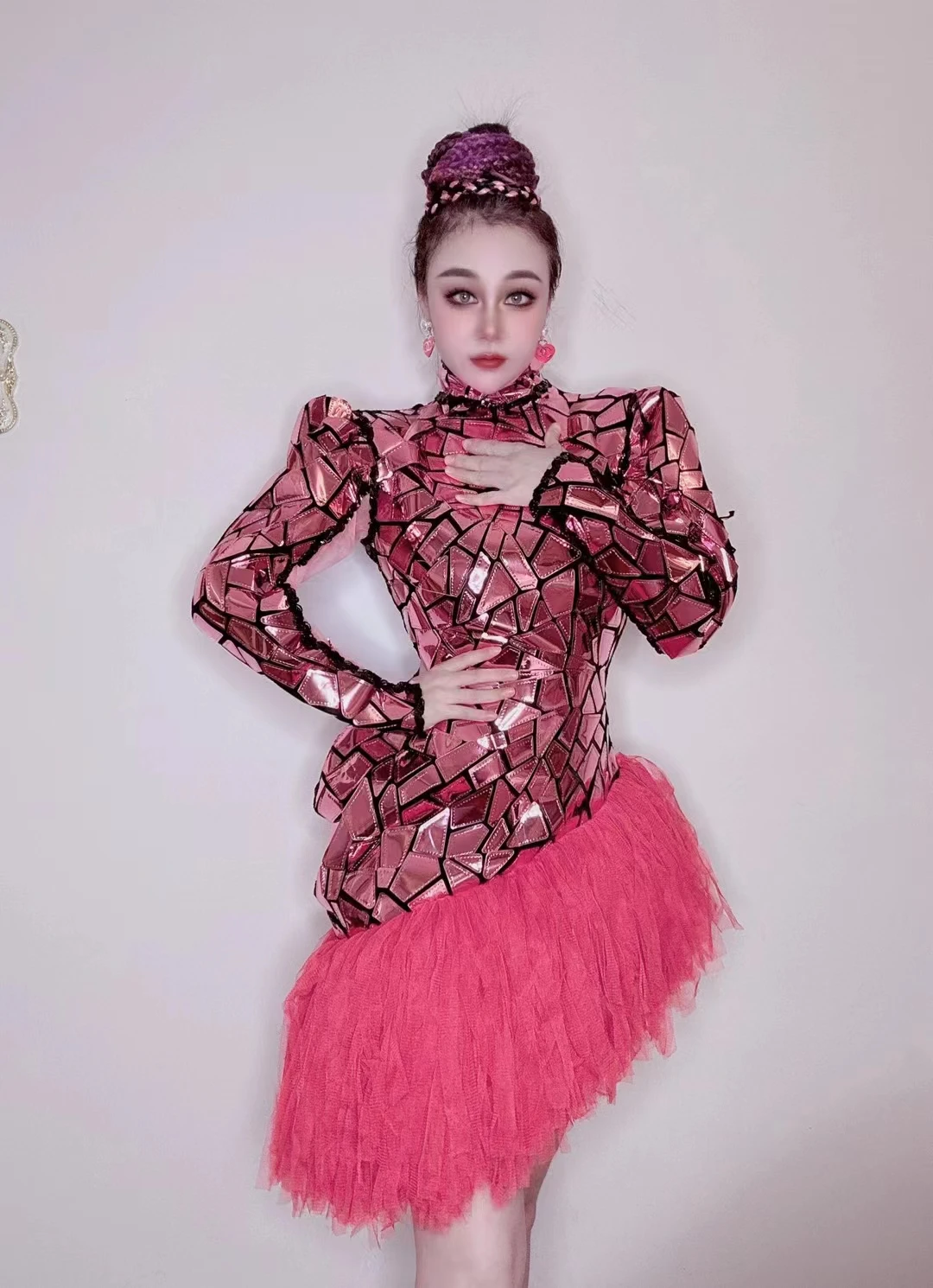 

Stage Costume For Singer Host Women Pink Mirror Long Sleeve Fringe Dress Sexy Bar Party Prom Birthday Sequins Tassel Short