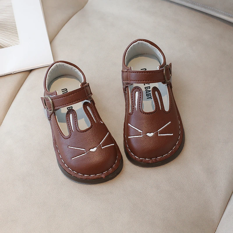 Fashion Children's Leather Shoes Beige Round Head Bunny Leather Boys Girls Casual Shoes 0-7 Years Old Soft Kid Baby Single Shoes