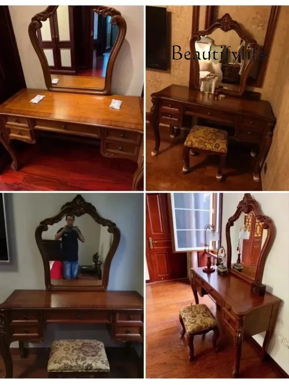 

American Dressing Table Bedroom Vintage Upscale Makeup Table European Solid Wood Carved Dresser Makeup Mirror Combination