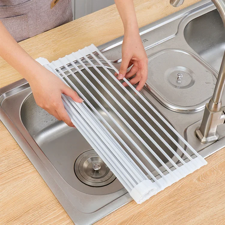Kitchen storage rack, silicone filter rack, foldable drain rack, stainless steel roller shutter sink, bowl and chopstick rack