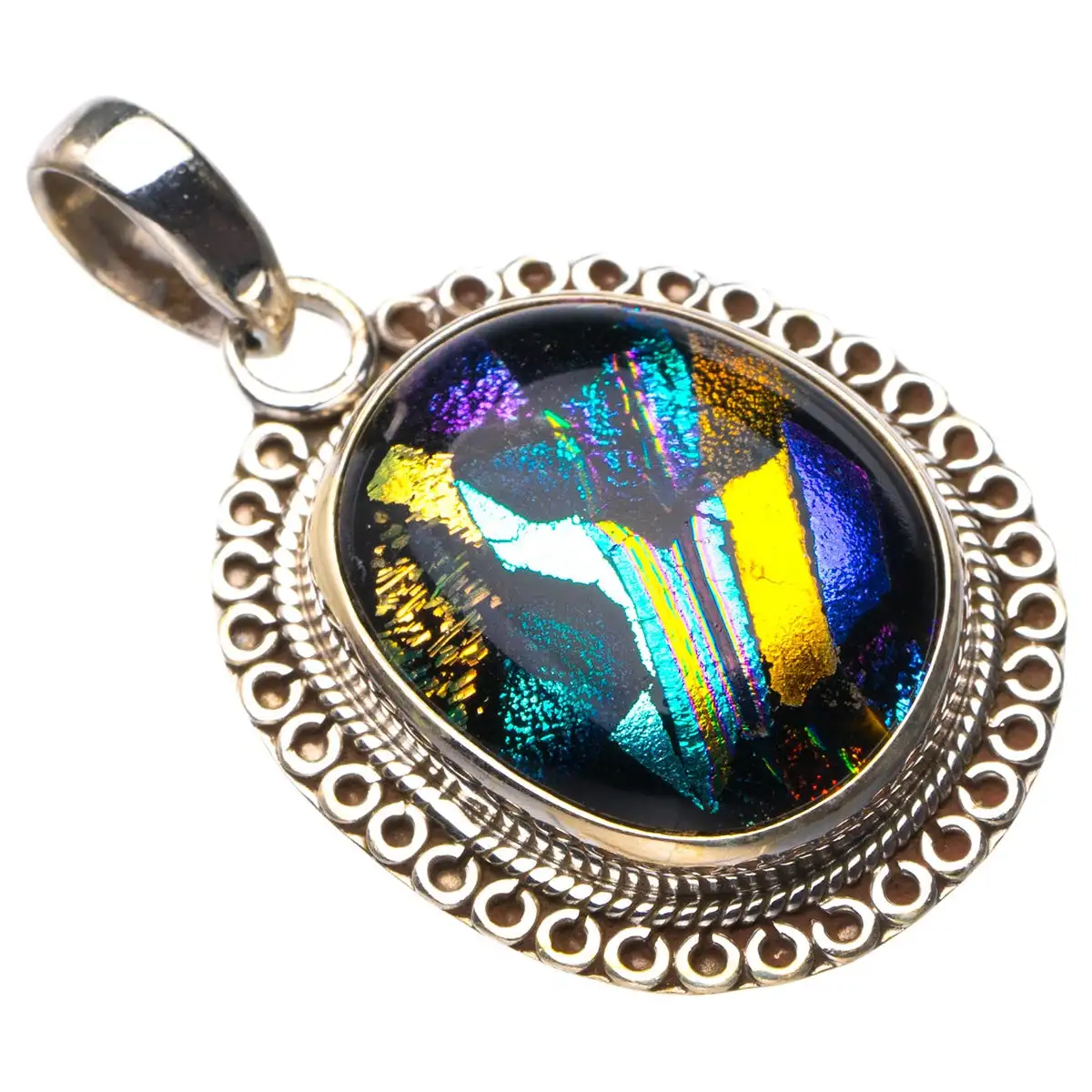 StarGems Natural Rainbow Dichroic Glass Handmade 925 Sterling Silver Pendant 1.5