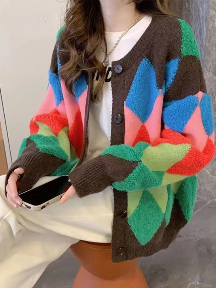 Women\'s V-Neck Knitted Cardigan, Loose Sweater, Rainbow Color, Color Blocking, Korean Fashion, Casual, Spring, Autumn, New