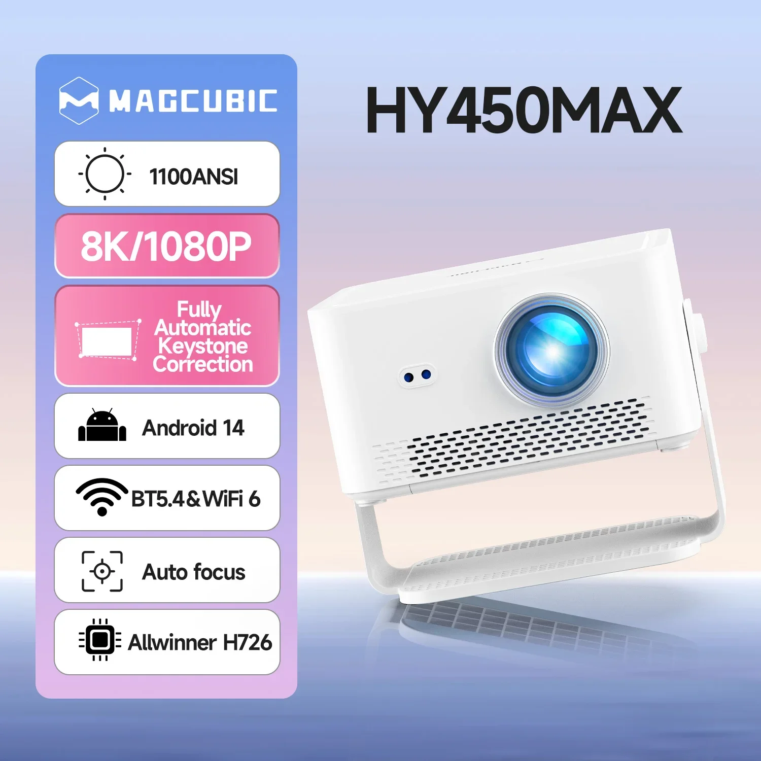 Magcubic HY450MAX Tragbarer Outdoor-Projektor 1100ANSI 1080P Autofokus 8K-Unterstützung Android 14 WiFi6 Beam Mini-Projektor