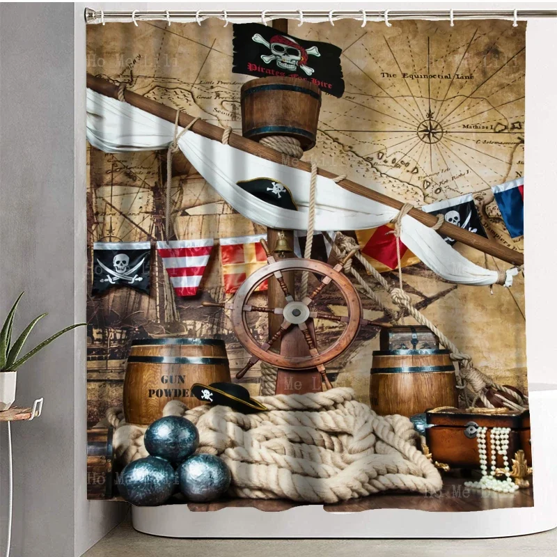 Pirate Treasure Map With Flag Ship Life Buoy Shell Boat Kids Sailor Baby Portrait Background Shower Curtain By Ho Me Lili