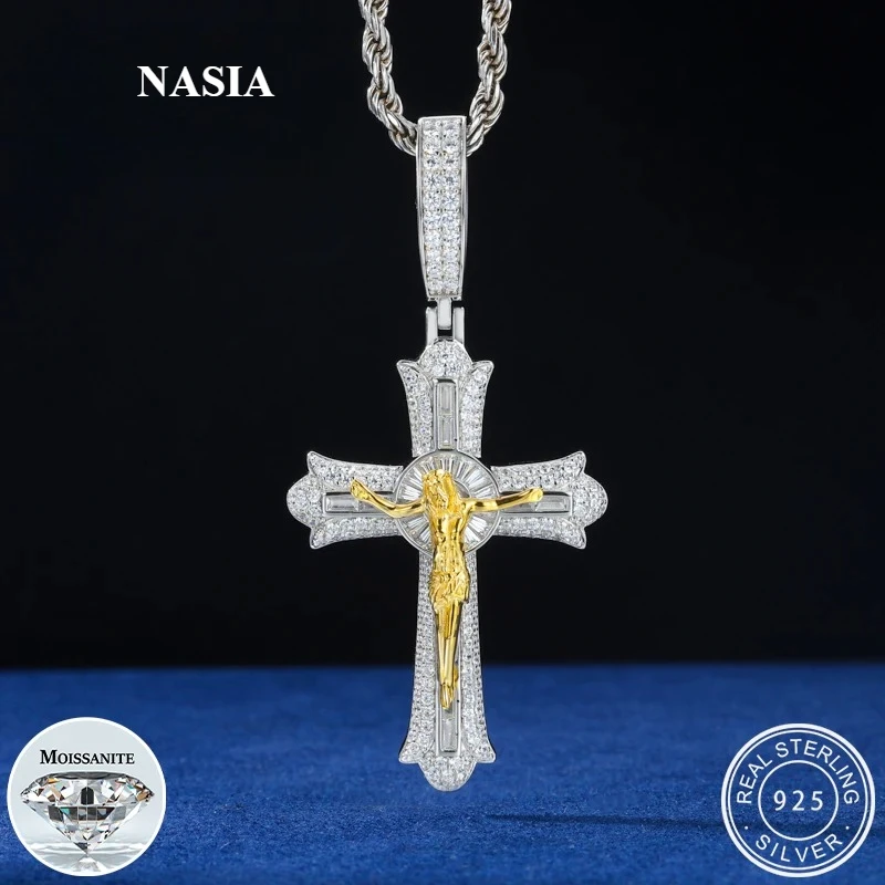 NASIA Real S925 Sterling Silver Jesus Crucifix Cross Pendant Necklace D VVS Moissanite Amulet 18K Gold plated Jewelry Man 2026