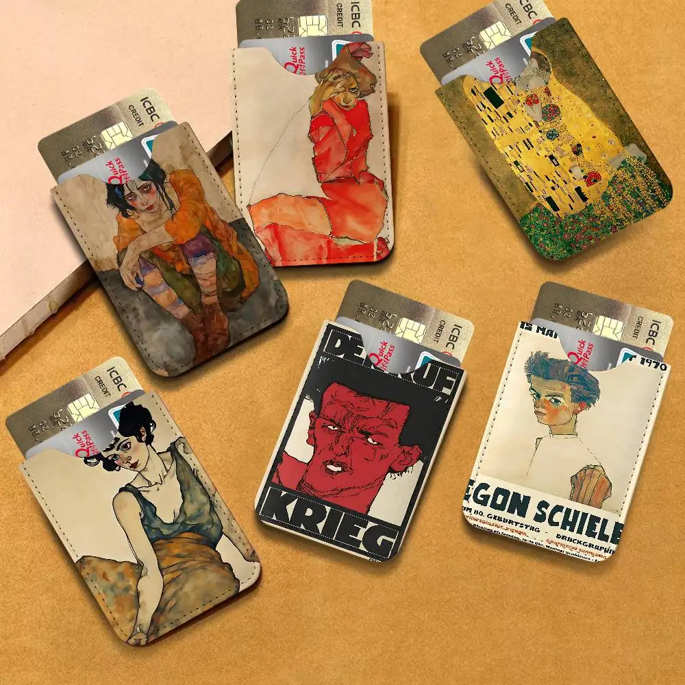 Artist Egon Schiele Art Men's Genuine Leather Mini Card Wallet, Ultra Thin Credit Portable Business Card & Transit Bus Card