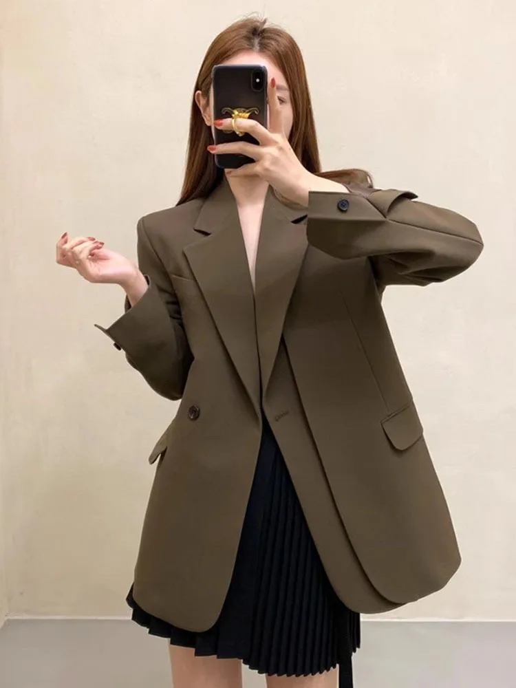 LANMREM Patchwork Blazers For Women Notched Collar Long Sleeves Solid Color Office Lady Chic Clothing Korean Style New 2DB2280