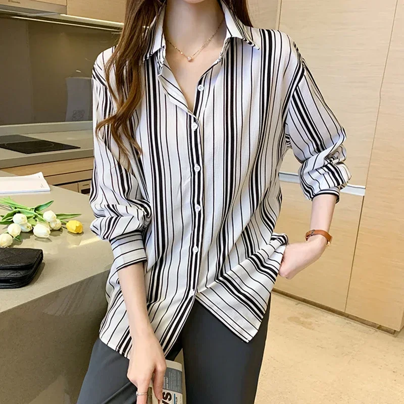 Fashion striped print ladies shirts Women\'s Blouses Spring Autumn Long Sleeve Shirts Tops Blusas Mujer