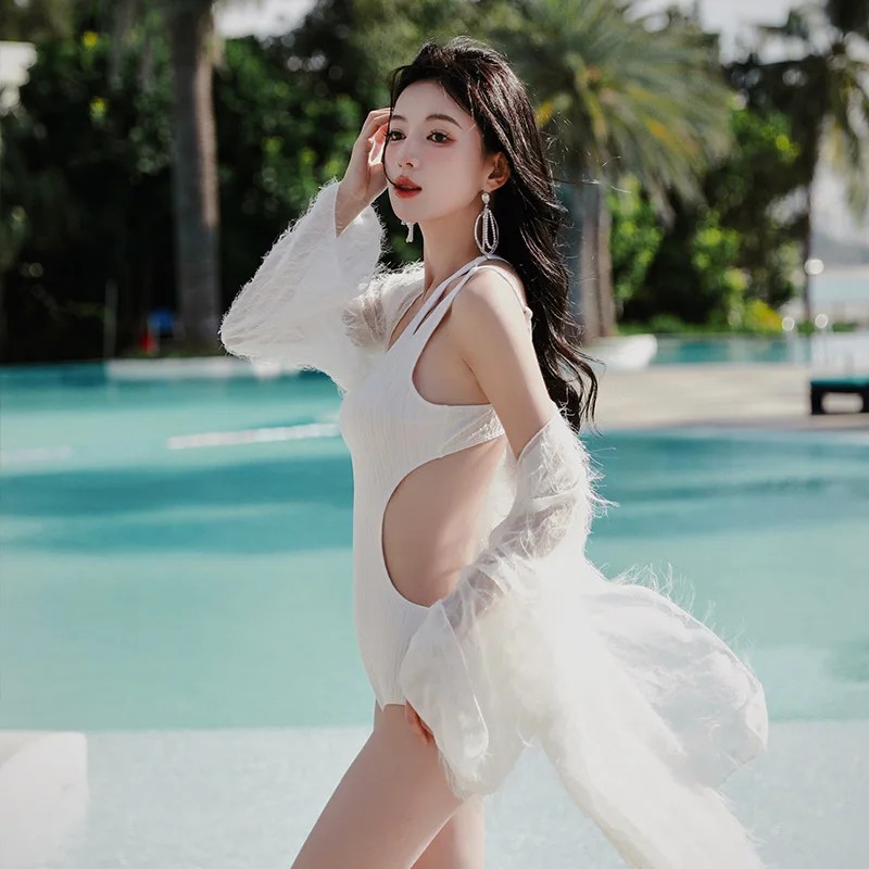 W​omen on piece swimwear white solid with cover up sexy bodysuit bandeau beach swimming wear bathing suit