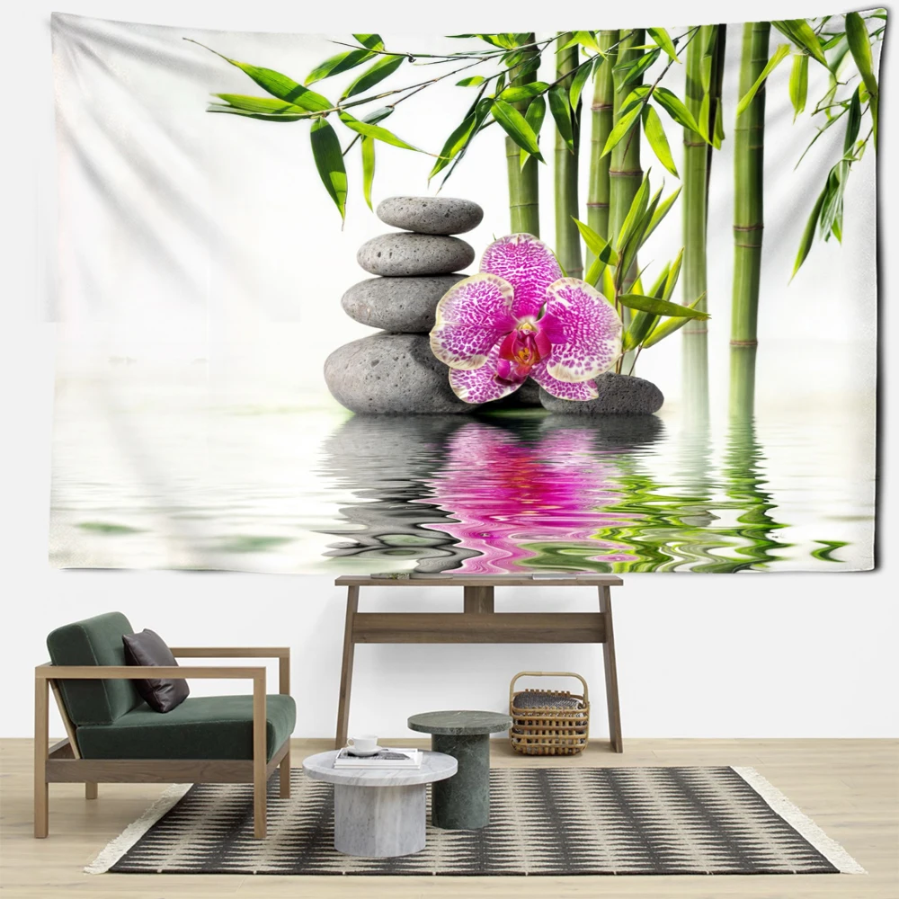 Lake Trumpet Flower Stone Bamboo Tapestry Wall Hanging Simple Artistic Scenery Bohemian Living Room Bedroom Home Decor