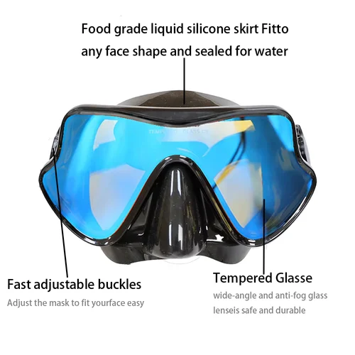 Imagen 2 del producto Máscara de snorkel con espejo, juego de tubos de respiración superiores secas, gafas de natación de buceo de silicona, lentes de vidrio templado recubiertas coloridas para adultos
