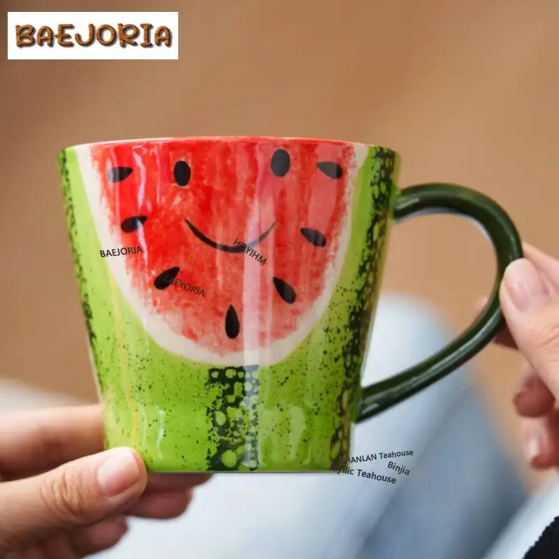 280ml Hand-painted Smiley Face Watermelon Coffee Mug Cappuccino Latte Cup Afternoon Tea Mug Master Office Water Cup Tableware