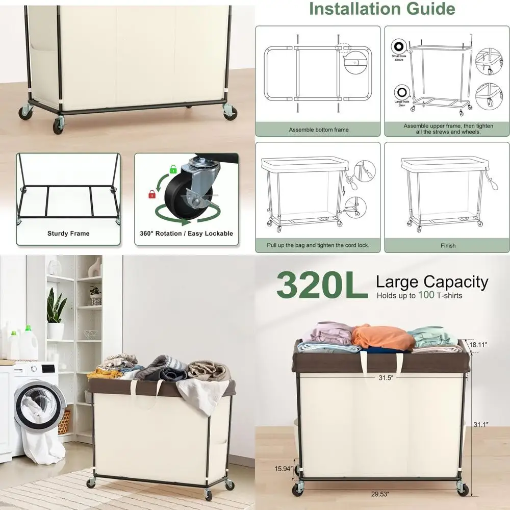 

3-Section Rolling Laundry Hamper Bag with Wheels for Home, Dorm, and Bathroom Use