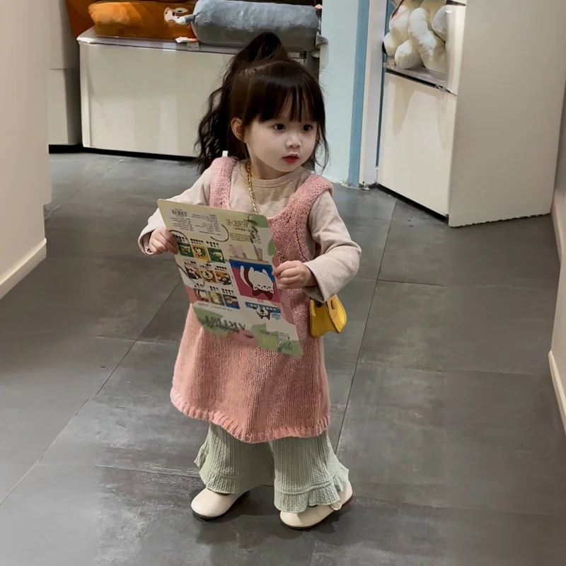 XH-Girl's Knitted Dress Suit Spring New Korean Style Sweet Pink Casual All-Match Slip Dress Fashion for Little Girls