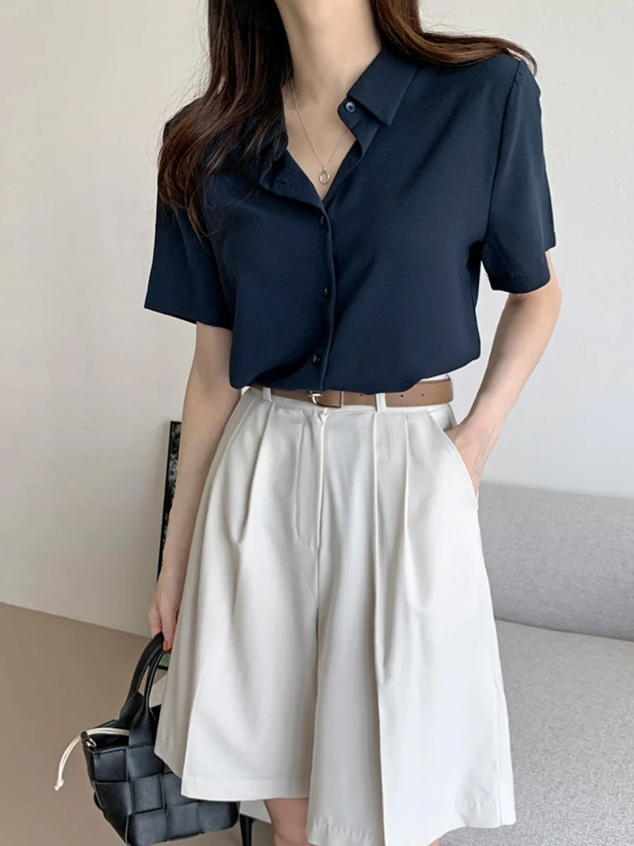 Deep Blue Women's Short Sleeve Shirt Commute Style Collar Regular Fit Pure Color Button Placket Office Wear Summer Shirt