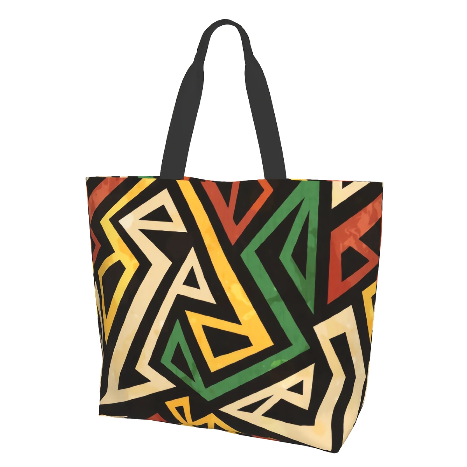 Vintage African Geometric Grunge Vector Art Retro Green Red Yellow Mexican Canvas Tote Bag Shopping Shoulder Handbag