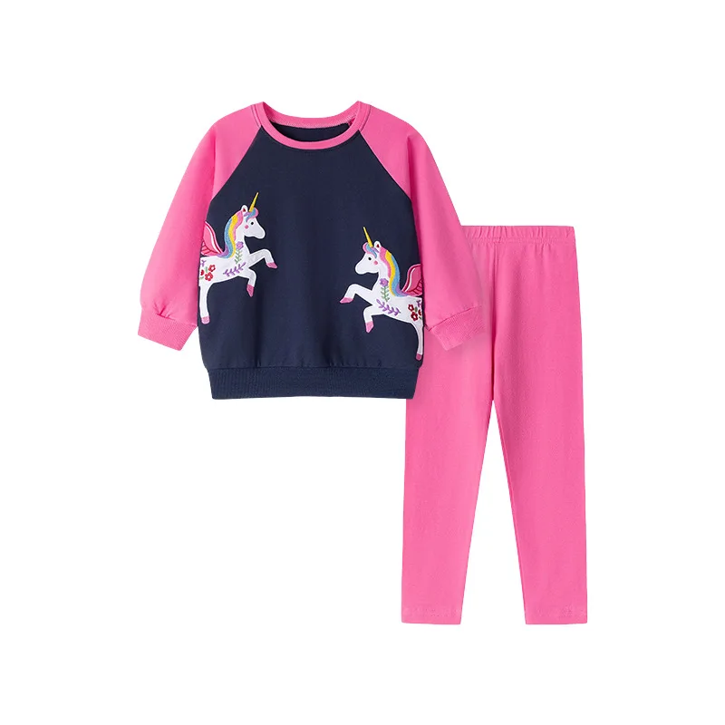 

2025 New Long Sleeve Pink Blue Unicorn Cute Cartoon Color Printing All Cotton Casual Girl Beautiful and Comfortable Set