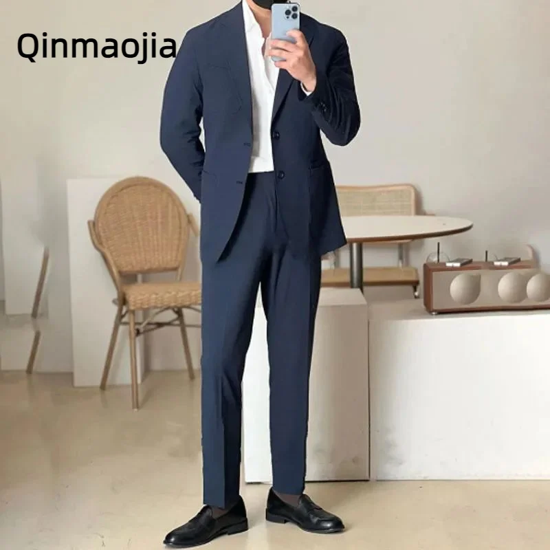 

Handsome Navy Blue Daily Men Suit Formal Business Slim Fit Banquet Tuxedo 2 Piece Pants Set Costume Men's clothing