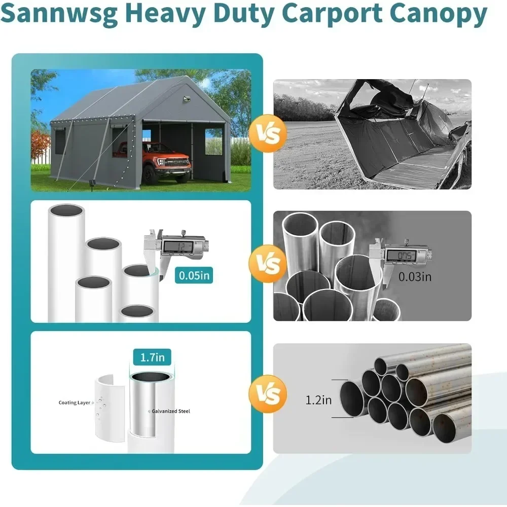 Heavy Duty Carport, Carport with 180G Removable Sidewalls, Carport Canopy, Portable Carport Garage, All-Weather Car Shelter