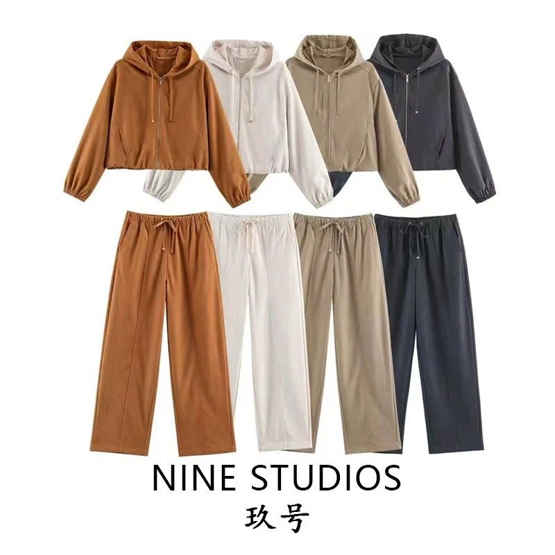 NINE ZAR Women's Fashion Pilot Jacket Coat Zipper Wide Leg Pants Two-Piece Set Winter Long Sleeve Short Length Four Seasons