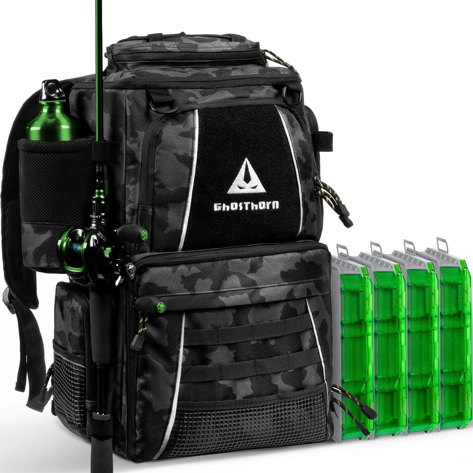 

Рыболовный рюкзак Ghosthorn 43 л с коробками для снастей 4 × 3600, держателем удочки и съемной поясной сумкой, водонепроницаемостью