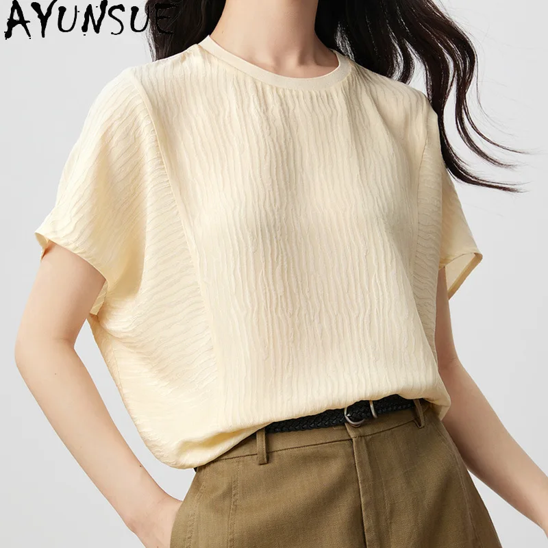 AYUNSUE 19mm Silk Women's T-shirts Simple Short Sleeve Woman Tops Casual O-neck T Shirt Summer Clothes for Woman Топ Женский