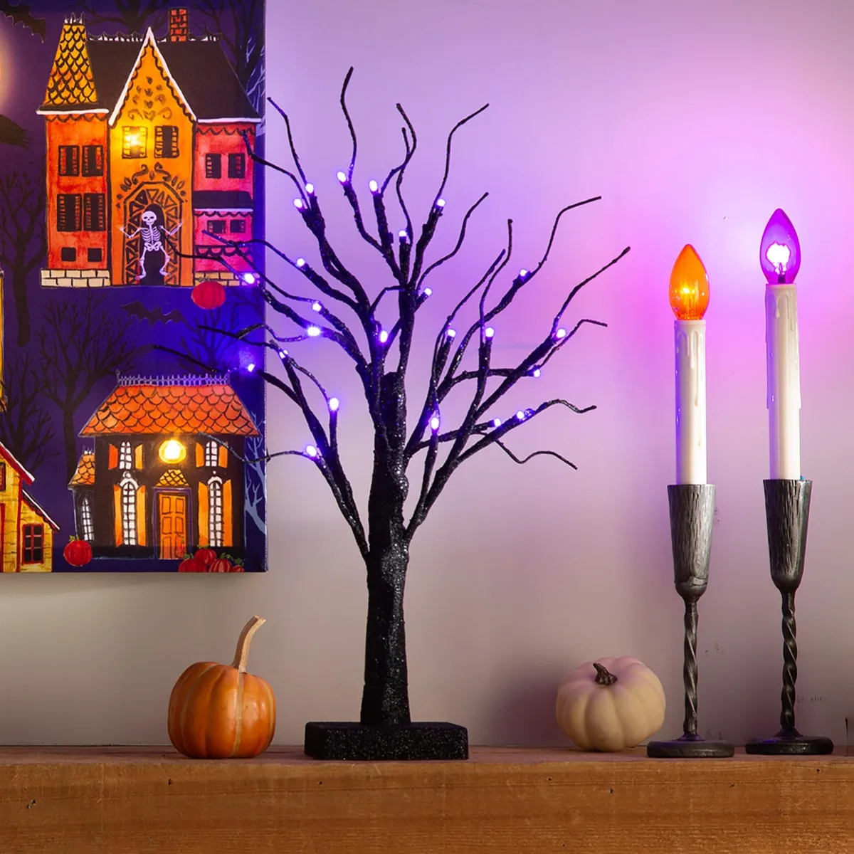 1 Stück 24 LED orange und lila beleuchtete Halloween künstliche Birke Licht DIY schwarze Zweige Lichter Tischplatte Halloween gruselig – Detail 11
