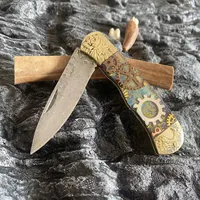 Beautifully shaped Damascus steel blade gear resin-brass handle folding knife Outdoor camping survival fruit knife