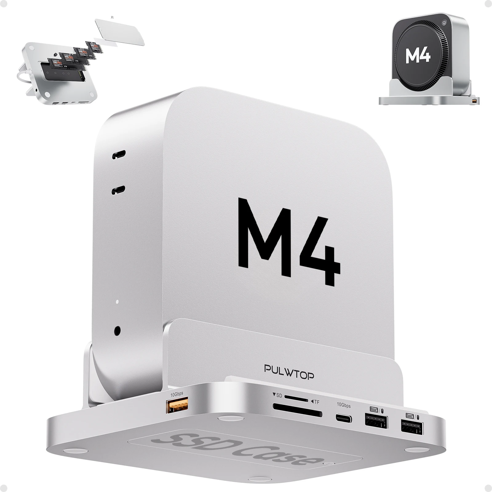

Вертикальный концентратор PULWTOP USB-C для Mac Mini M4 Hub с корпусом M.2 SSD, с USB A/C 3.2, USB A 2.0, аудиомикрофоном 3,5 мм, SD/TF