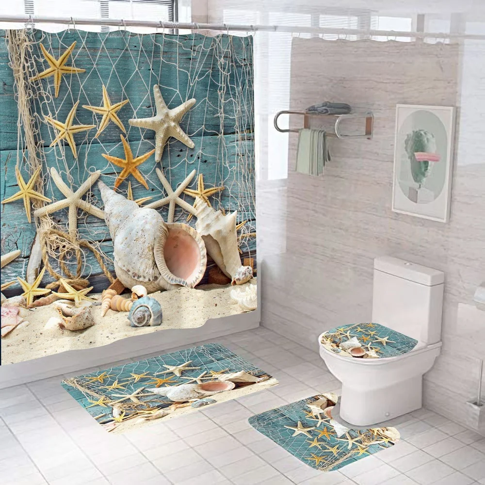 Beach Shower Curtain Set for Bathroom Decor, Seashell, Starfish, Nautical Fishnet, Vintage Blue Deck, Bath Mats, Toilet Rug