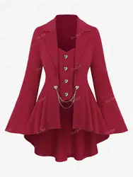 ROSEGAL Plus Size Blazers Coat Deep Red Heart Shaped Buttons Chains Panel High Low Textured Flare Sleeve 2 In 1 Blazer New 4XL